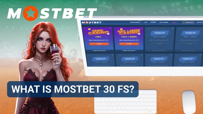 A welcome bonus banner highlights 30 free spins beside featured slot games on the MostBet website.