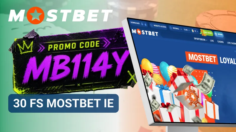 A smartphone screen shows the 30 FS MostBet IE bonus page with a clear Irish-themed layout.