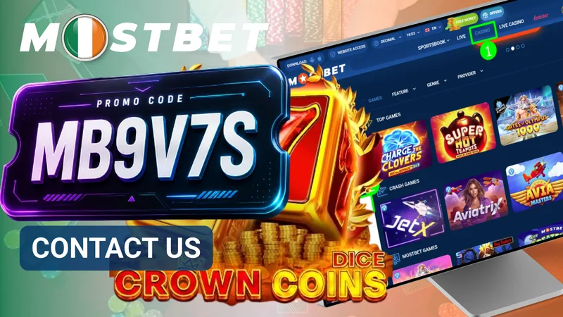 Mostbet Contact Us banner with a promo code and casino games on a monitor