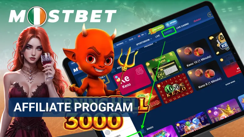 Mostbet Affiliate Program banner with casino characters and a gaming screen