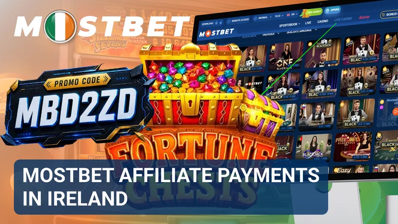 Mostbet affiliate payments in Ireland banner with a treasure chest and a casino screen
