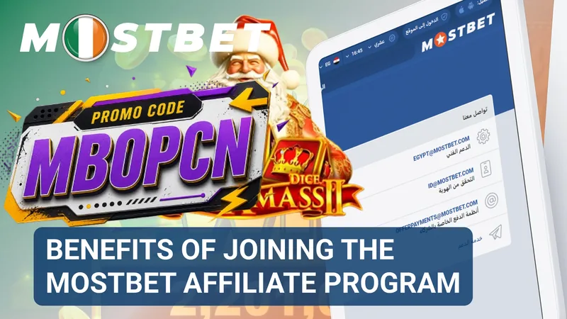 Mostbet affiliate benefits banner with a promo code and a contact page on a tablet