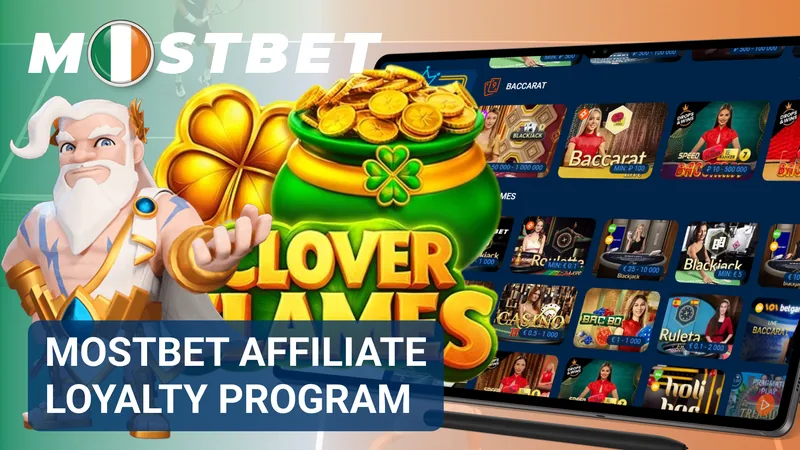 Mostbet Affiliate Loyalty Program banner with a pot of gold and a casino game selection