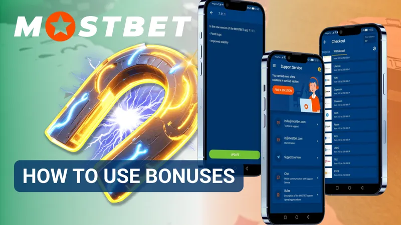 User activating a bonus offer in the MostBet app through the promotions section.