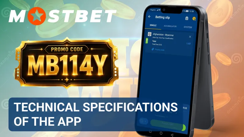 Technical details screen of the MostBet app showing system requirements and compatibility.