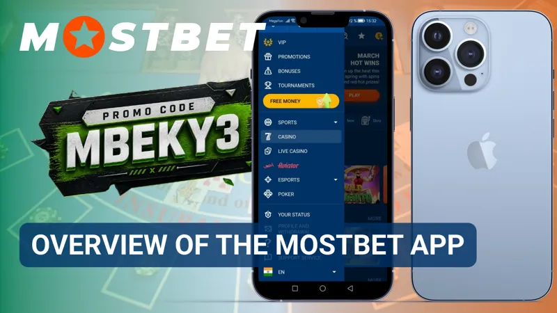 MostBet mobile app interface displaying betting and casino sections on a smartphone.