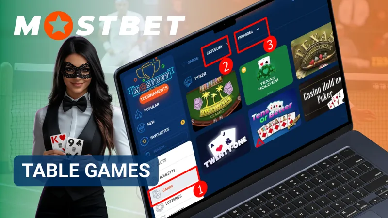 Table games section in MostBet Casino showing classic card and casino game options.