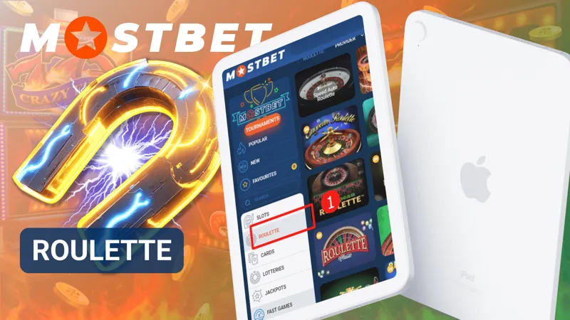 Roulette table in MostBet Casino with betting layout and spinning wheel visible.