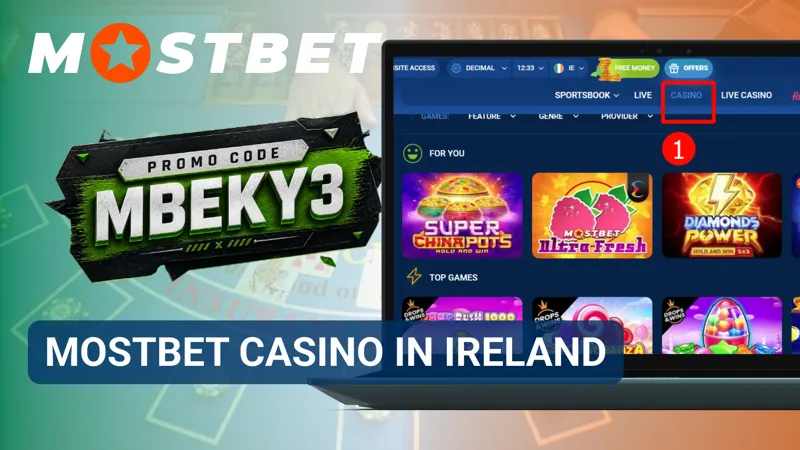 MostBet Casino interface on a smartphone featuring games and promotional sections for Irish players.