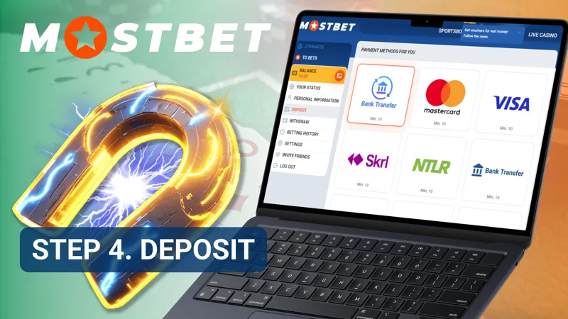 Deposit section in MostBet Casino showing payment methods and account funding options.