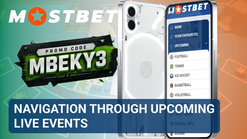 MostBet live events page showing ongoing matches and upcoming betting opportunities.