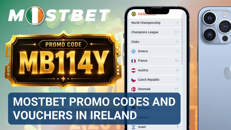 Mostbet promotional page displaying promo code fields and voucher offers for customers in Ireland.