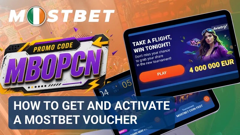 Voucher code being copied from a Mostbet promotional offer and entered into the redemption form.
