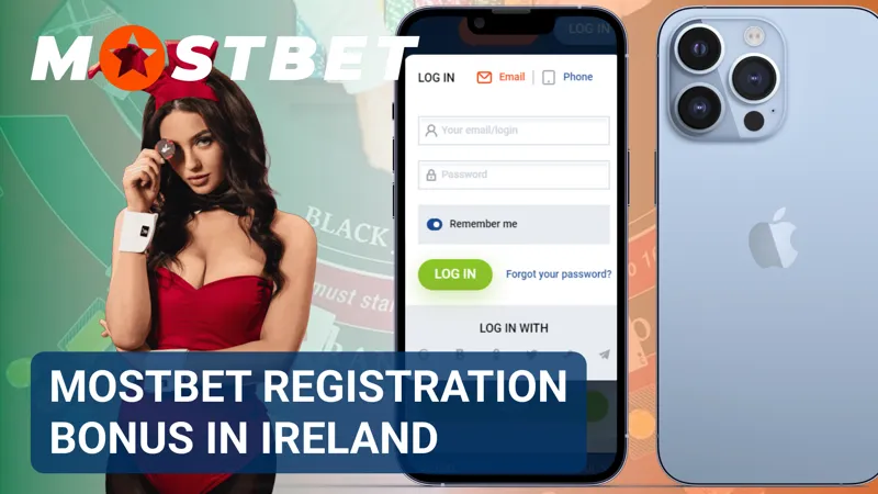 A laptop screen shows the MostBet registration bonus page with welcome offer details for Ireland.